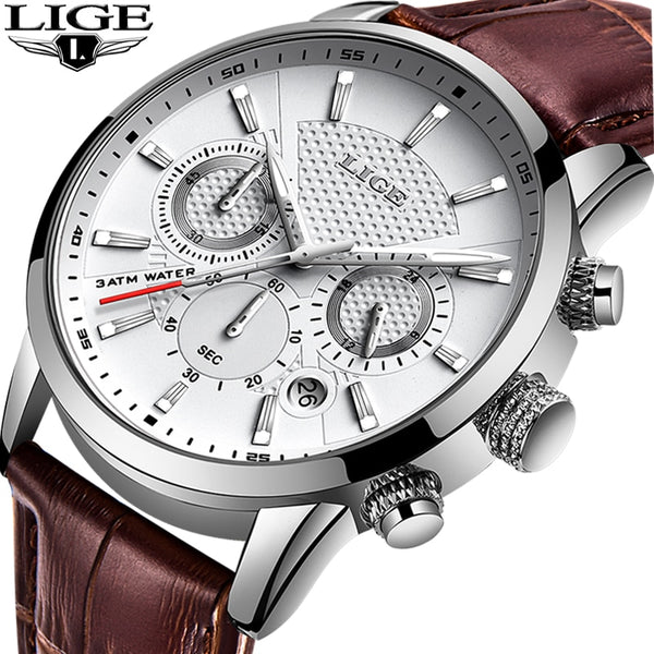 LIGE Mens Watches Gift Top Luxury Brand Waterproof Sport Watch Chronograph Quartz Military Genuine Leather Relogio Masculino