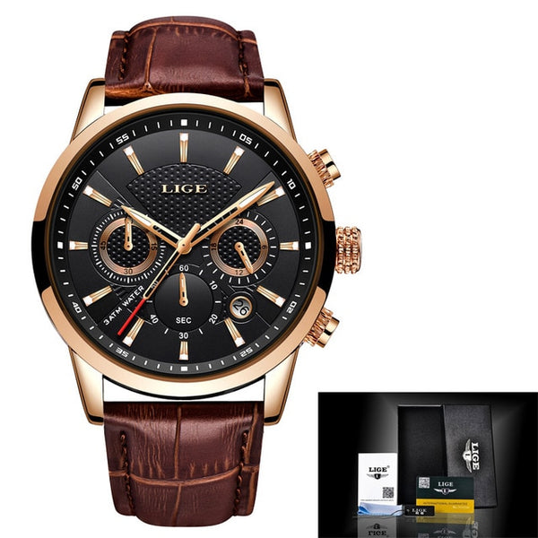 LIGE Mens Watches Gift Top Luxury Brand Waterproof Sport Watch Chronograph Quartz Military Genuine Leather Relogio Masculino