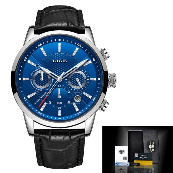 LIGE Mens Watches Gift Top Luxury Brand Waterproof Sport Watch Chronograph Quartz Military Genuine Leather Relogio Masculino