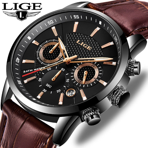 LIGE New Mens Watches Top Brand Luxury Military Sport Watch Men Leather Waterproof Clock Quartz Wristwatch Relogio Masculino+Box