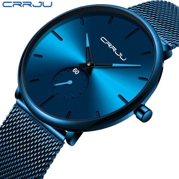 CRRJU Ultra Thin Blue Stainless steel Quartz Watches Men Simple Fashion Business Japan Wristwatch Clock Male Relogio Masculino