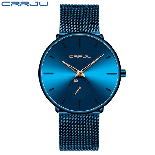 CRRJU Ultra Thin Blue Stainless steel Quartz Watches Men Simple Fashion Business Japan Wristwatch Clock Male Relogio Masculino