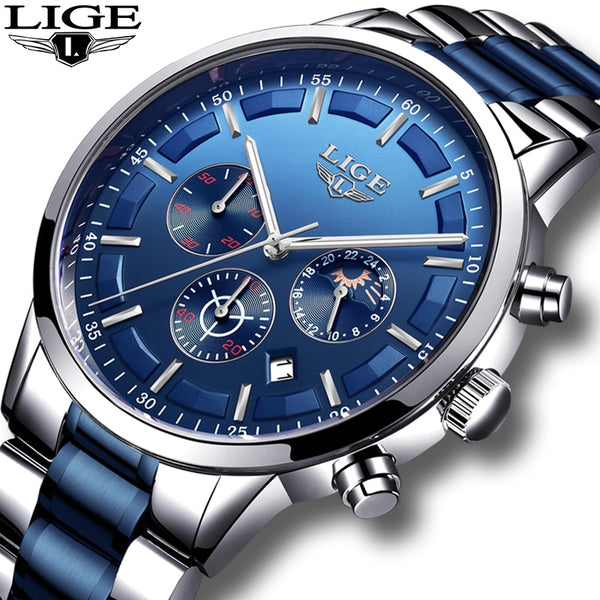 Relogio Masculino 2020 LIGE New Fashion Mens Watches Top Brand Luxury Wateprproof Clock Silver Steel Big Dial Sport Chronograph