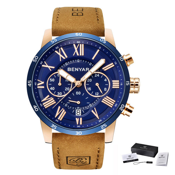 2019 Top Luxury Brand BENYAR Fashion Blue Watches Men Quartz Watch Male Chronograph Leather WristWatch Relogio Masculino